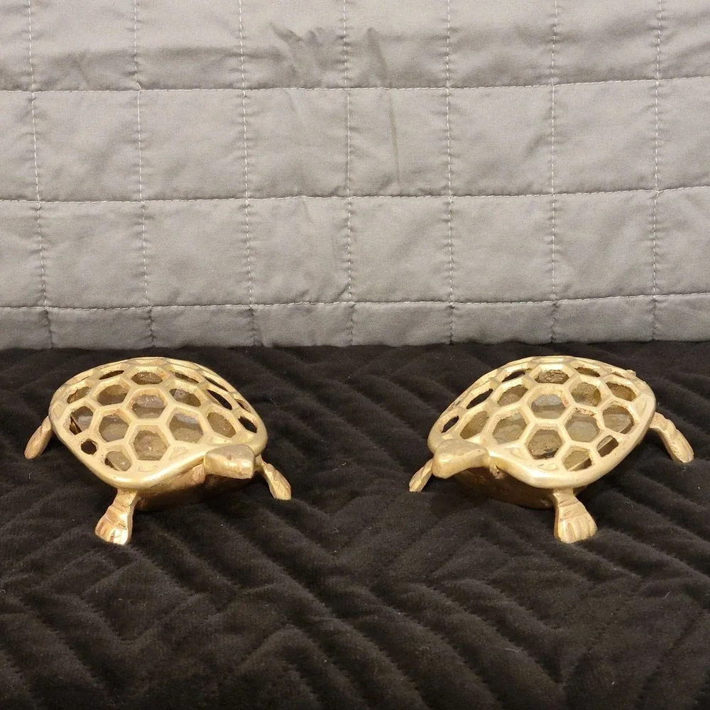 Vintage Brass Turtle Trinket Box Set (2pc) Honeycomb Lattice Shell Potpourri Fun